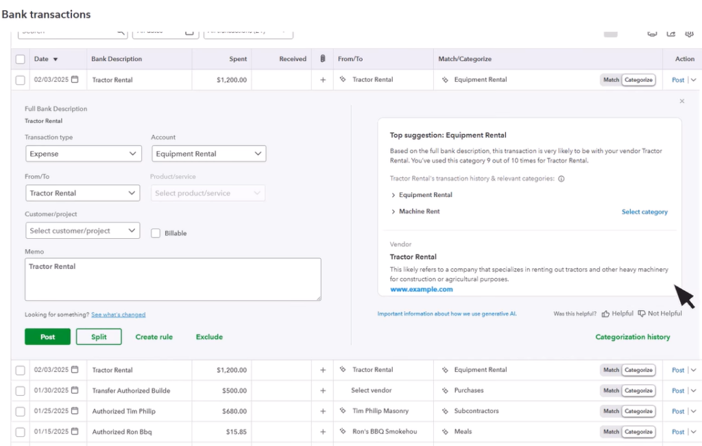QuickBooks Online reconciliation worksheet for verifying and categorizing accounts