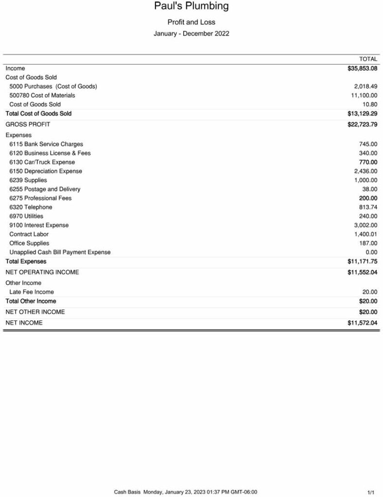 A 2022 Profit and Loss Statement showing the income and expenses to complete a Schedule C.