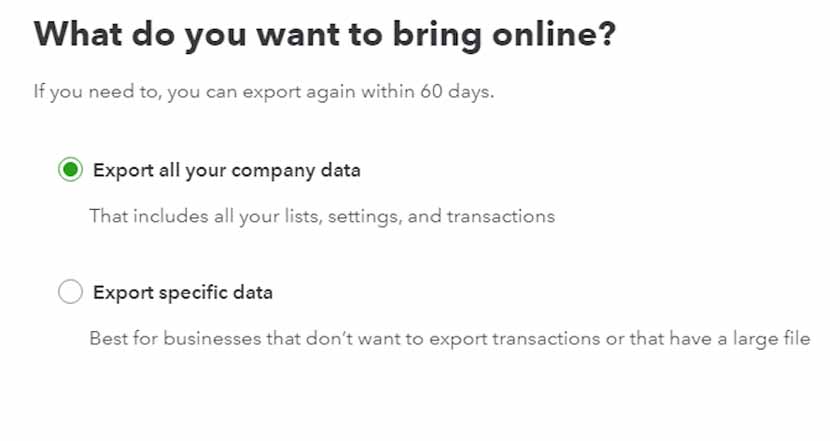 Screen where you can choose to export specific or all company data to QuickBooks Desktop