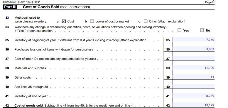 Schedule C Part III, Section to enter the cost of goods sold on lines 33 through 42