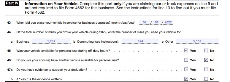 Schedule C Part IV section to enter information about business vehicles. Lines 42-47b.
