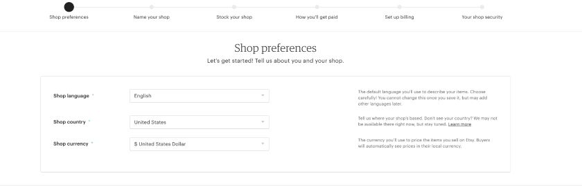Shop Preferences page on Etsy store set up