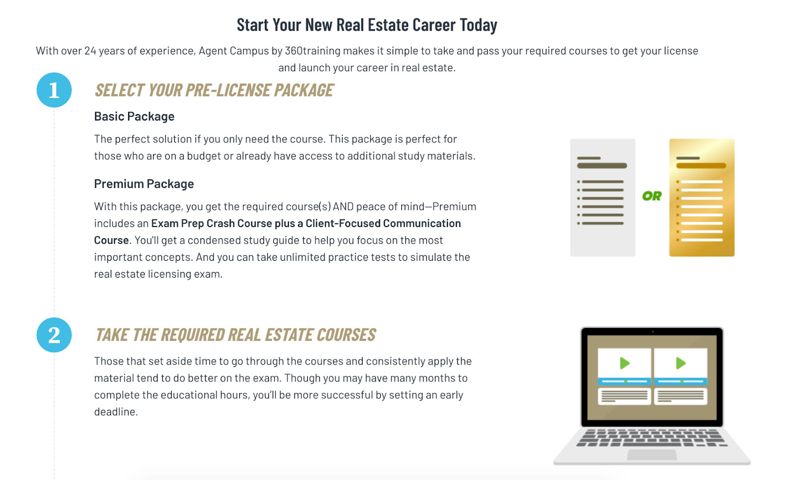 Screenshot of the sign up steps for prelicensing courses.