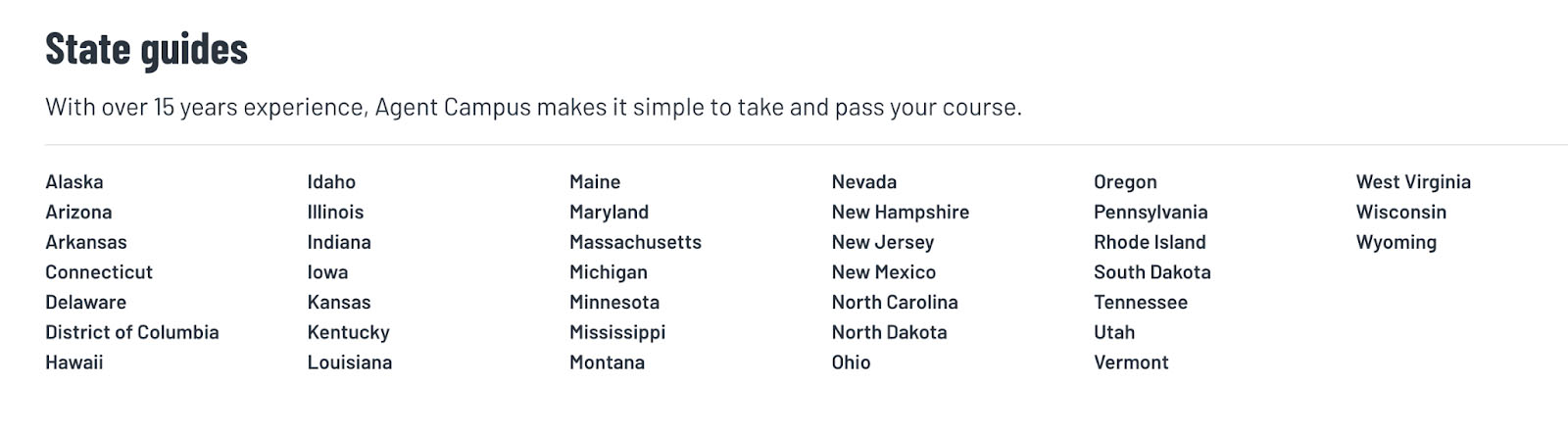 Screenshot of the states in which resource guides are offered.
