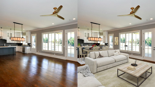Image of an open concept living room, dining room, and kitchen before and after virtual home staging.
