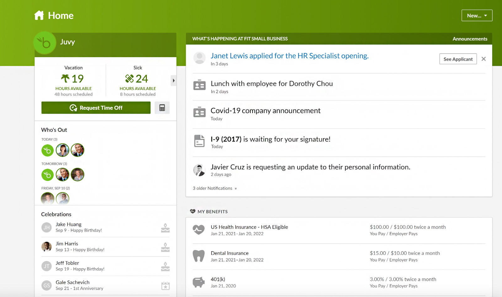 BambooHR home page dashboard what's happening and benefits.