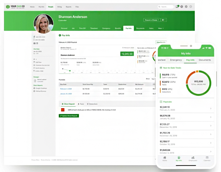 BambooHR pay info tracking on desktop and mobile.