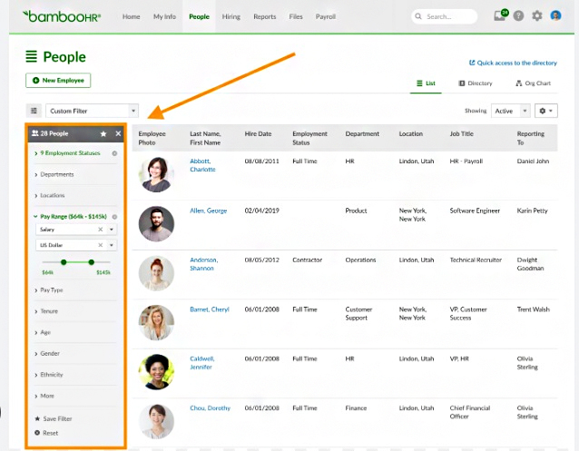 BambooHR people dashboard in list view.