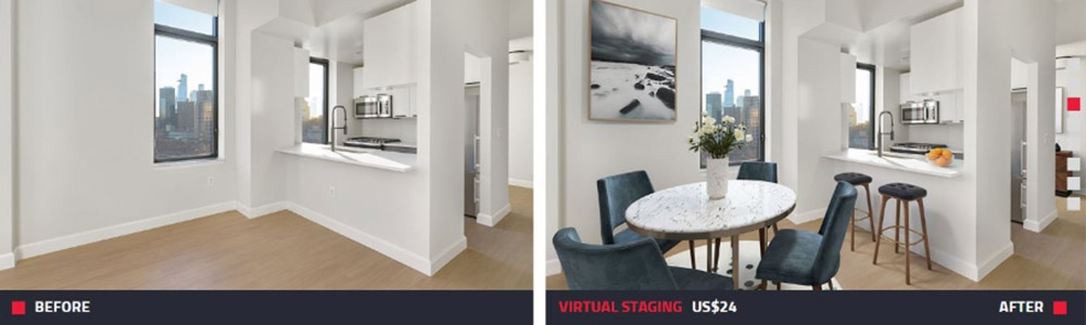 Before and after photos of unstaged and virtually staged home from Boxbrownie.