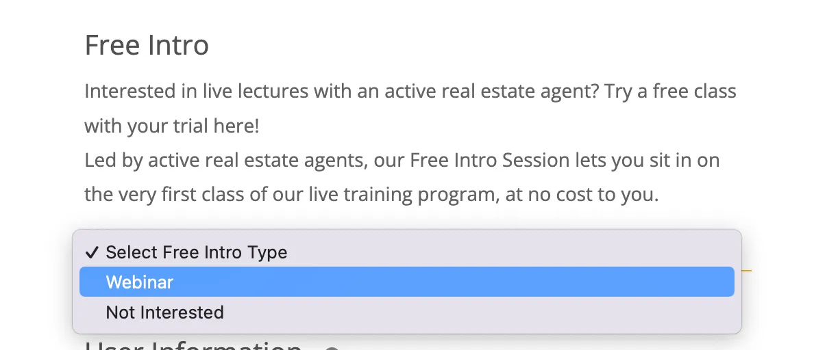 Drop down selection of available course type.