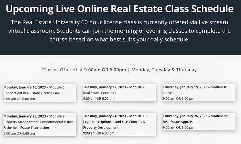 Real Estate University schedule titled "Upcoming live online real estate class schedule"