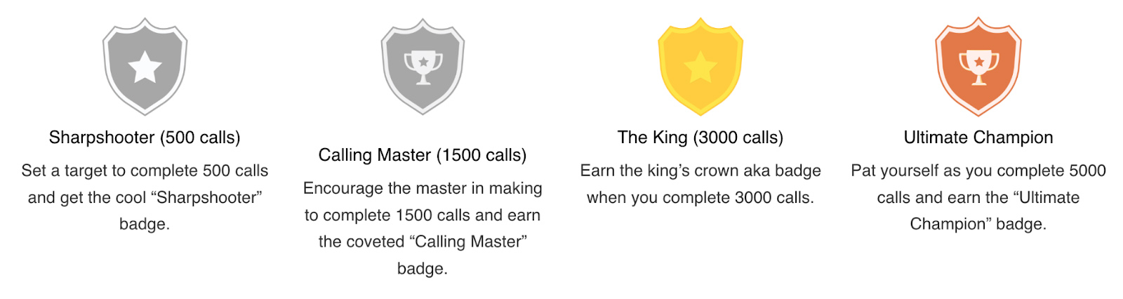 The different types of badges awarded to agents through CallHippo's gamification feature.