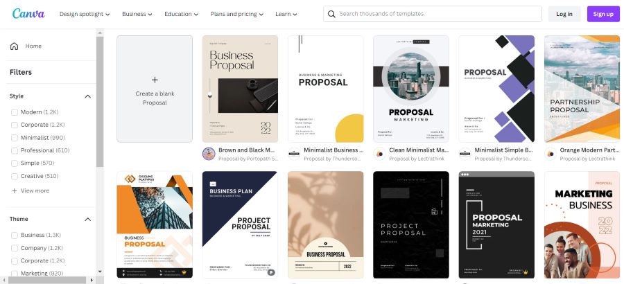 A screenshot showing several business proposal templates in Canva
