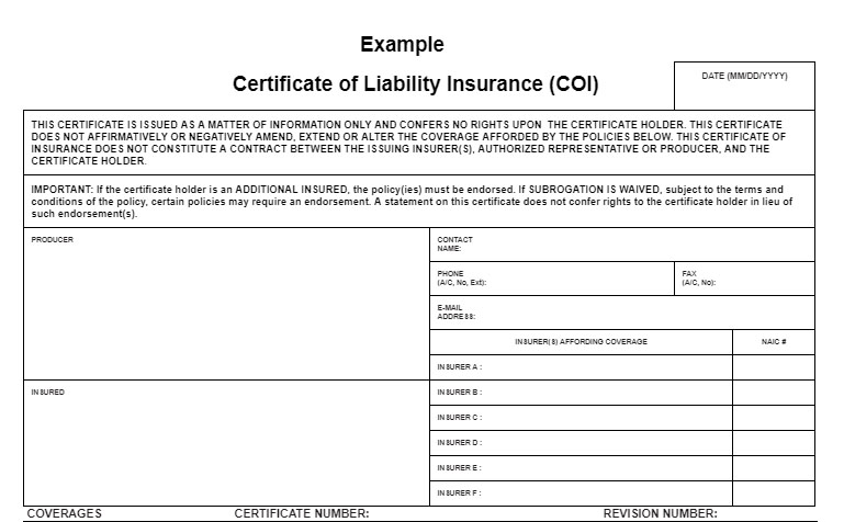 Certificate of Liability Insurance Example.