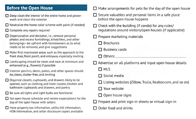 Screenshot of checklist items to complete before the open house