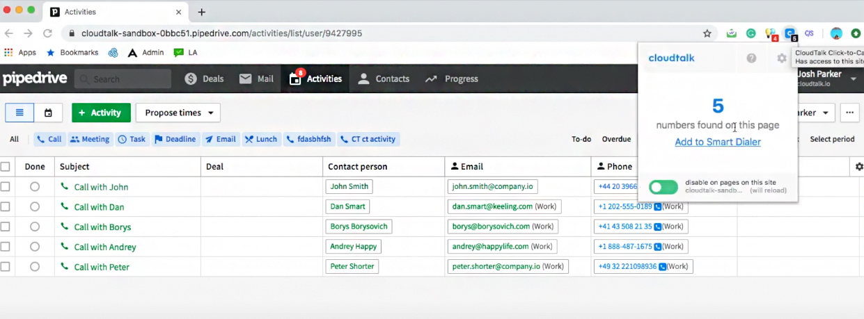 Pipedrive interface showing a list of contacts and a CloudTalk pop-up providing the option to add phone numbers to the smart dialer.