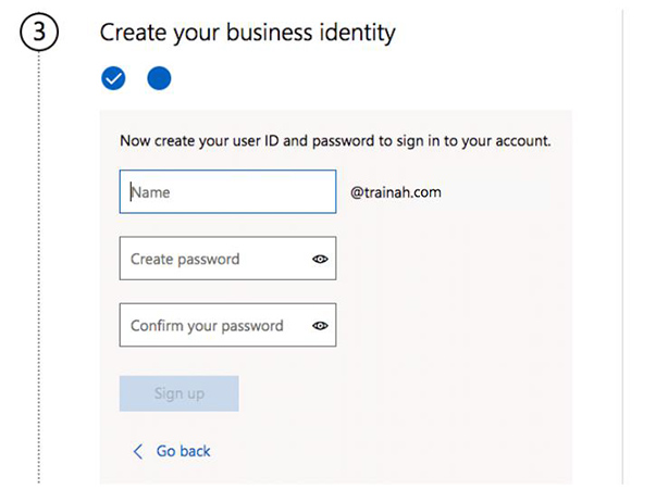 Microsoft 365 setup panel showing how to create your business identity.