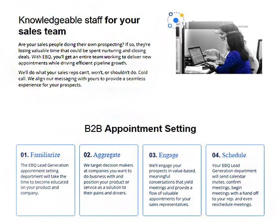 A screenshot showing EBQuickstart's appointment setting services