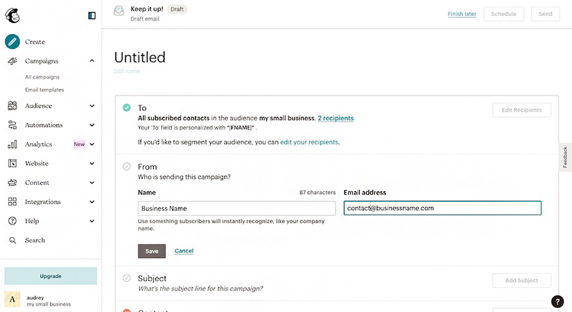 Interface for customizing the "from" section of email campaigns.
