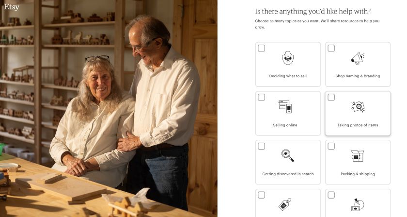 Etsy new shop questions about things sellers want help with, with image of old couple in art studio