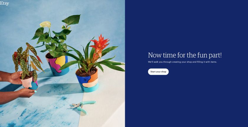 Etsy page with colorful flower pots prompting users to set up store