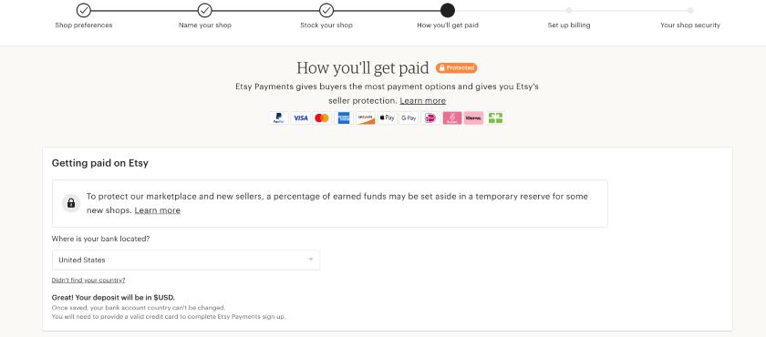 Etsy Payments set up with field for your country
