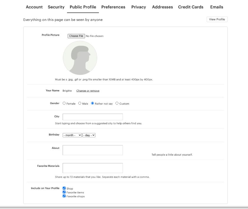 etsy public profile account settings page