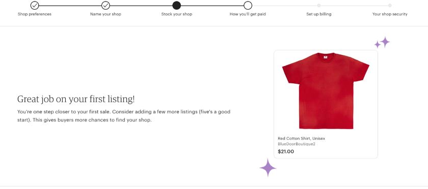 Etsy shop set up page congratulating user on creating first listing of red shirt, pictured on the right side