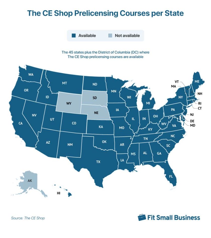 US state map showing states where The CE Shop provides prelicensing education.