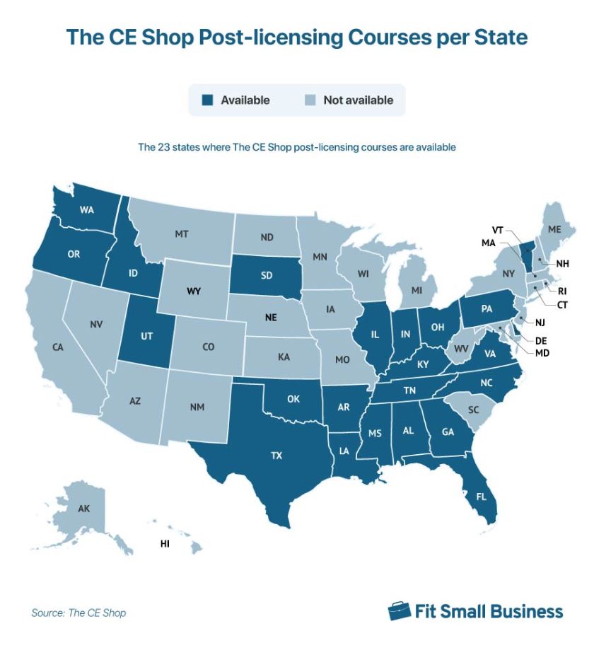 US state map showing states where The CE Shop provides post-licensing education.