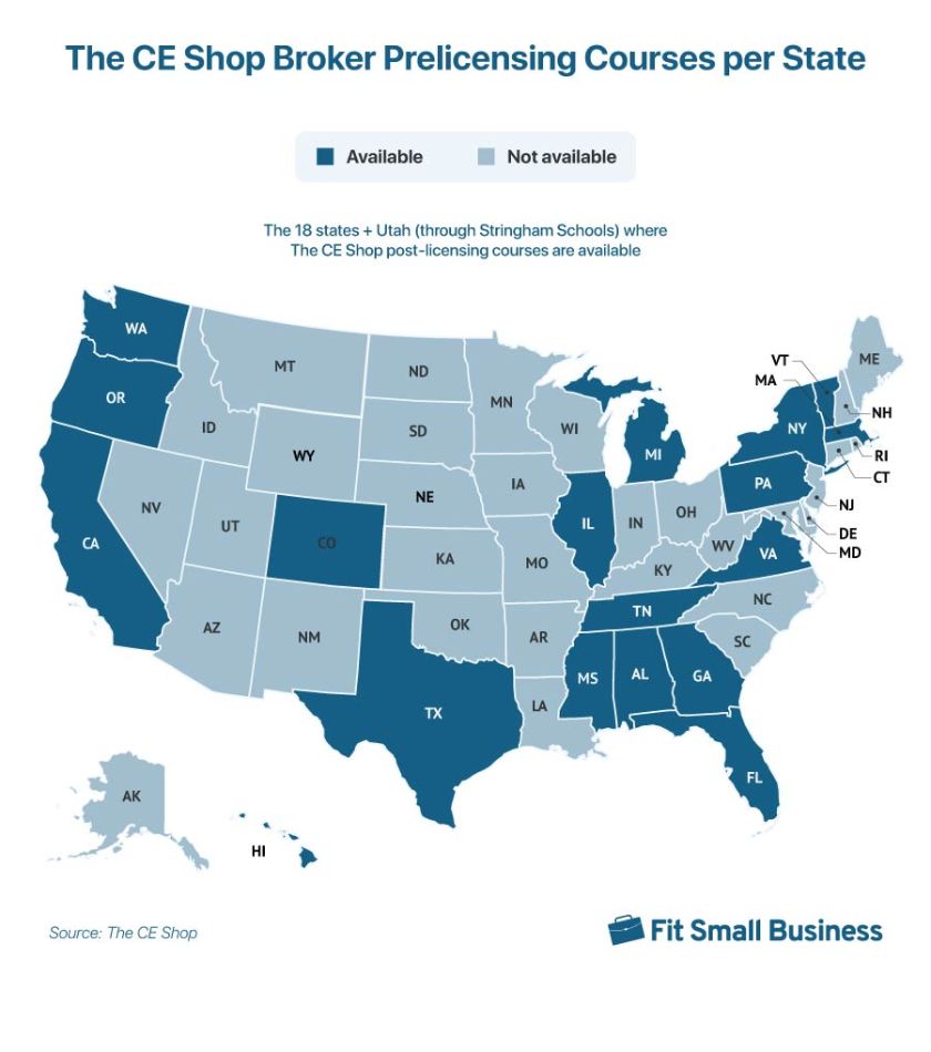 US state map showing states where The CE Shop provides broker prelicensing education.
