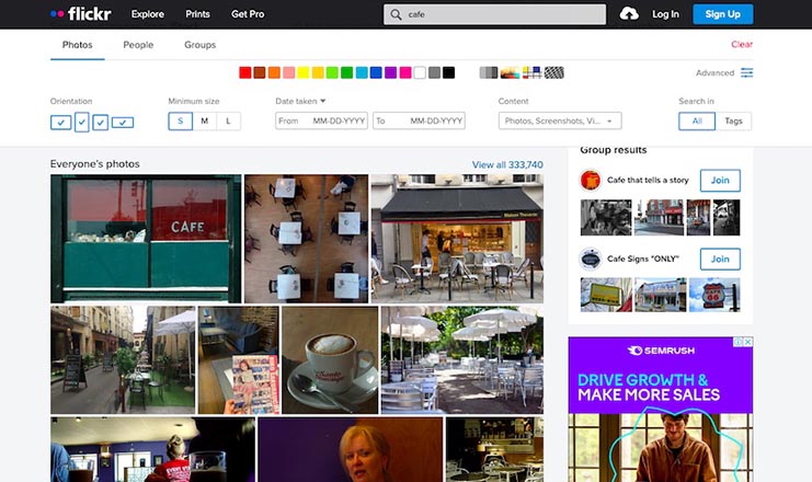 Flickr's search results page with image filters