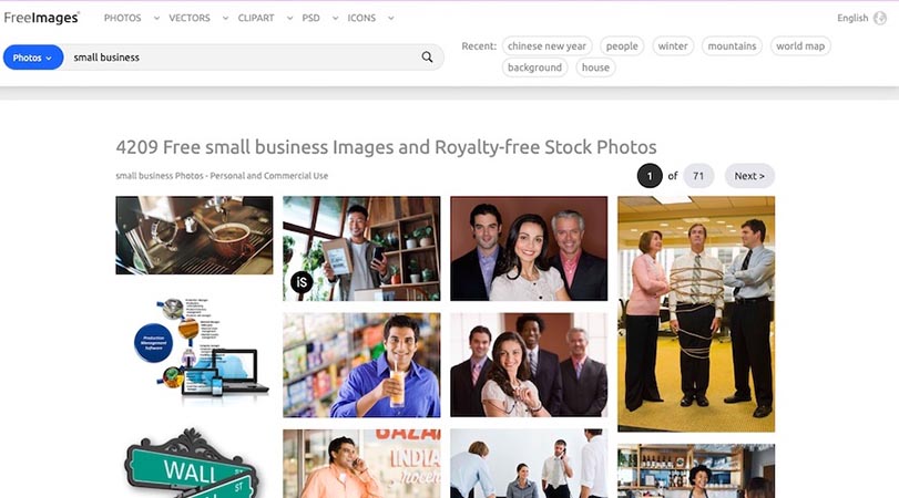 Interface of FreeImages' search results for "small business"