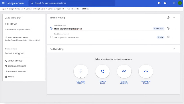 Google Admin interface showing greeting and call handling options for creating an auto attendant.