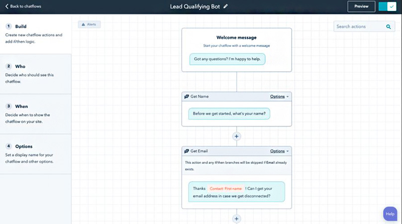 Screenshot of HubSpot's no-code chatbot builder