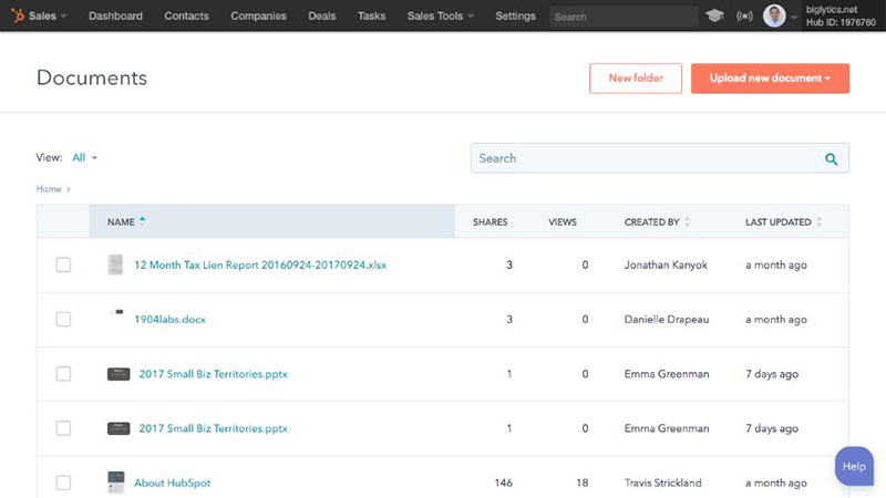 A screenshot of HubSpot's sales documents library