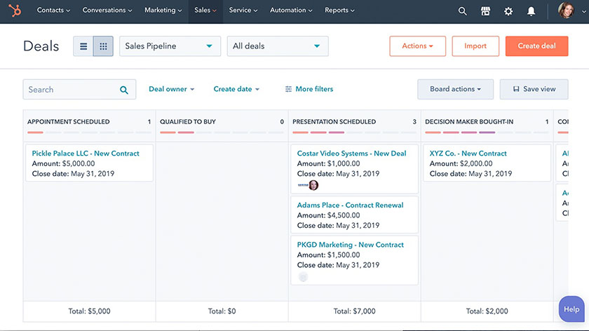Screenshot of deal tracking capabilities within HubSpot's CRM