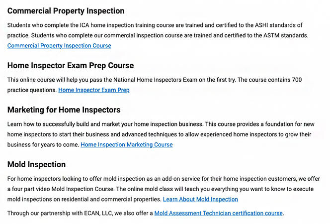 ICA home inspection training course list