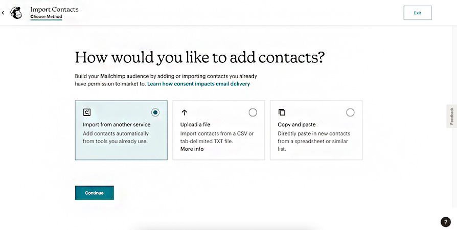 Interface for importing contacts from another service on Mailchimp