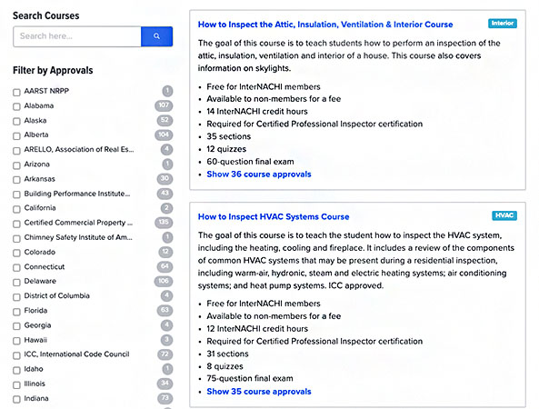 Screenshot of InterNACHI course library and search filters