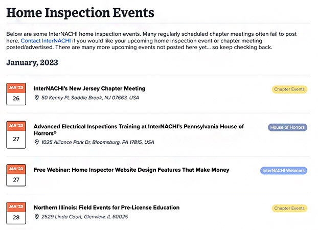 Upcoming home inspection events calendar from InterNACHI