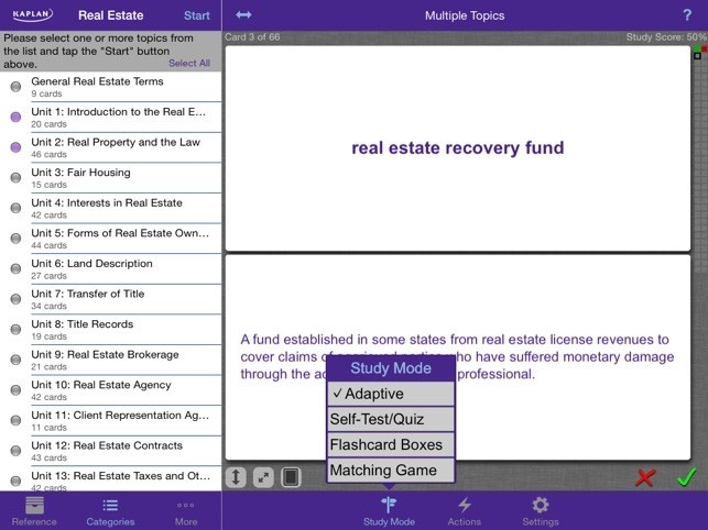 Kaplan's online learning platform showing real estate flashcards.