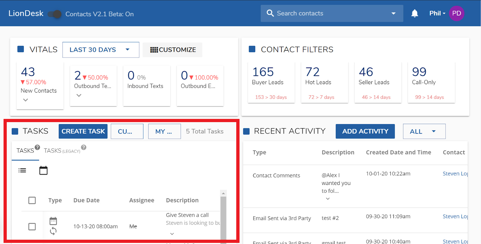 LionDesk CRM dashboard with the Tasks widget highlighted.