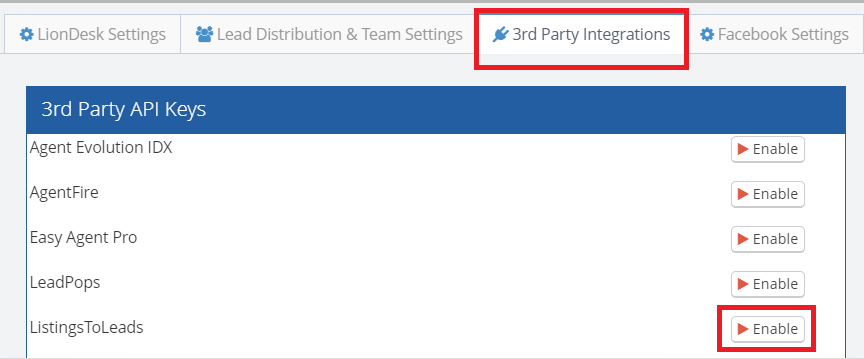 LionDesk CRM settings showing where you can enable third-party integrations.