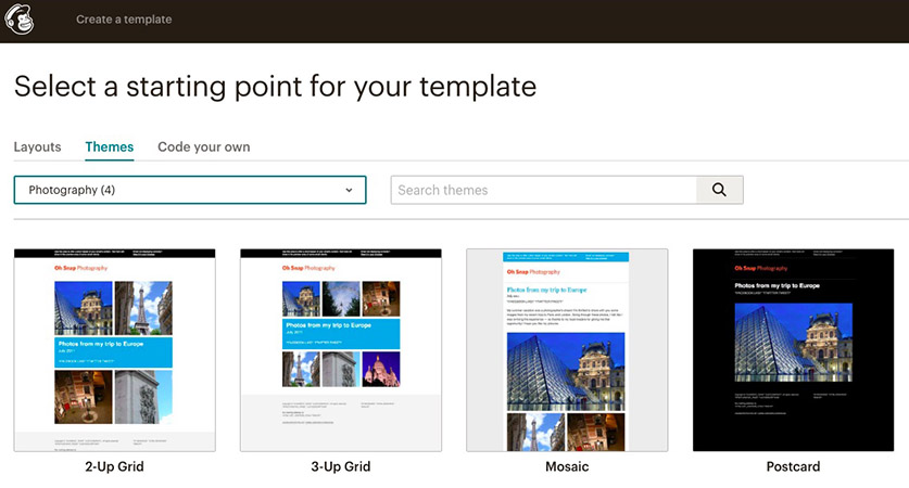 Selecting email template themes in Mailchimp