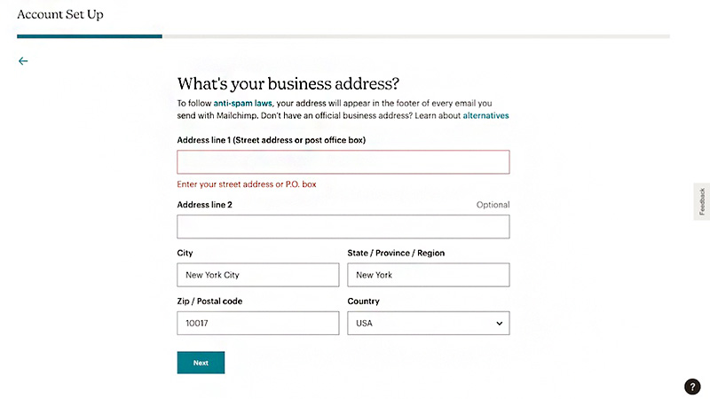Interface of Mailchimp's account setup page with business address.
