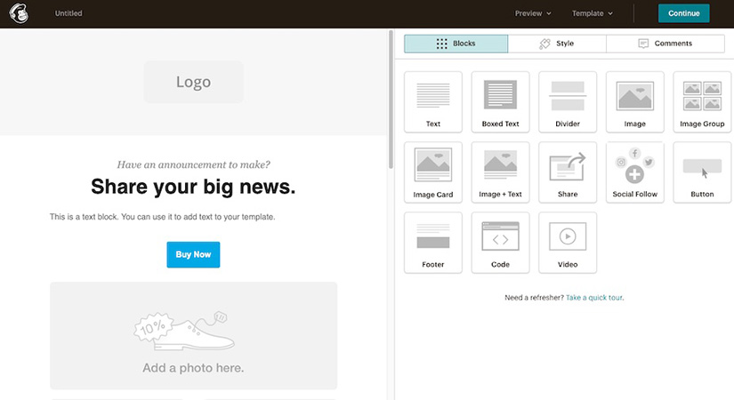 Interface of Mailchimp's classic email builder.