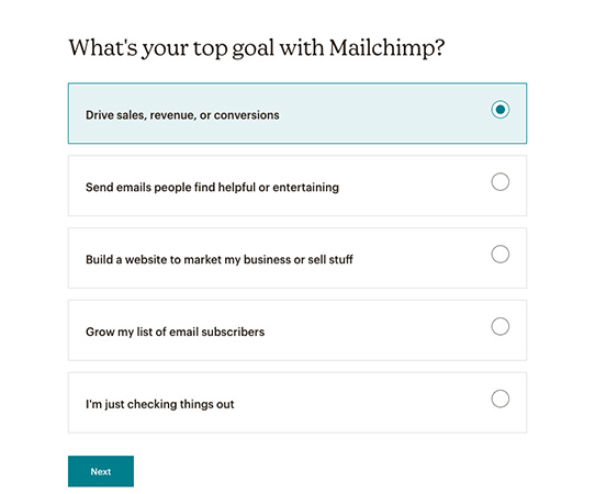 Interface of Mailchimp's account setup page with prompts for your Mailchimp goals.