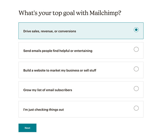 Mailchimp's account setup page with prompts for your top Mailchimp goals.