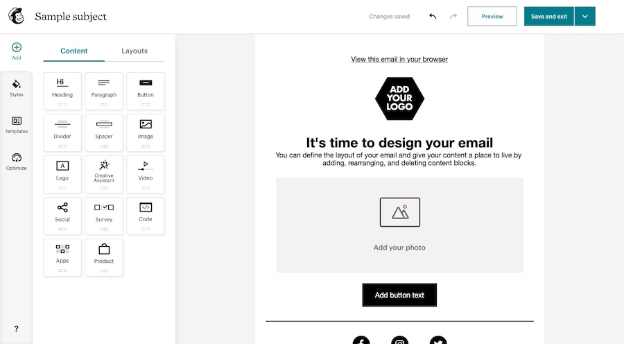 Mailchimp's new email builder with various elements.